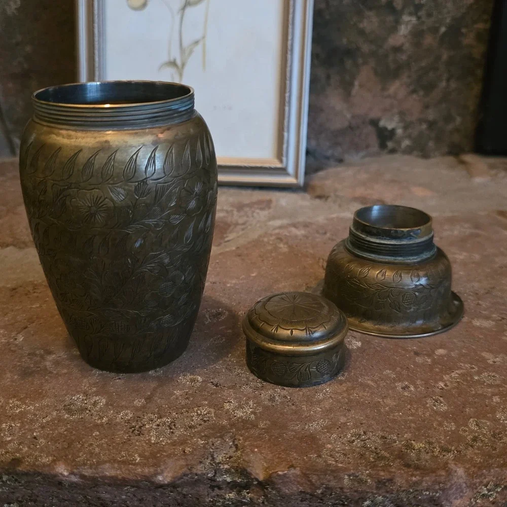Vintage Etched Brass Martini Shaker Floral Hand Engraved 3 Piece Cobbler Shaker